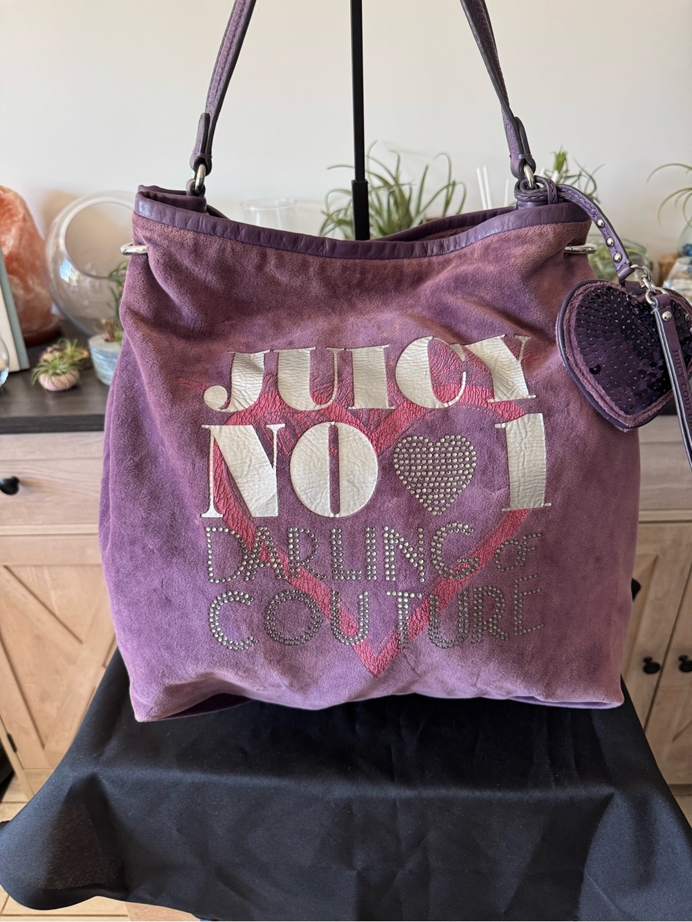 Rare Vintage Juicy Couture Purple Velour Hobo Tote With Heart Charm